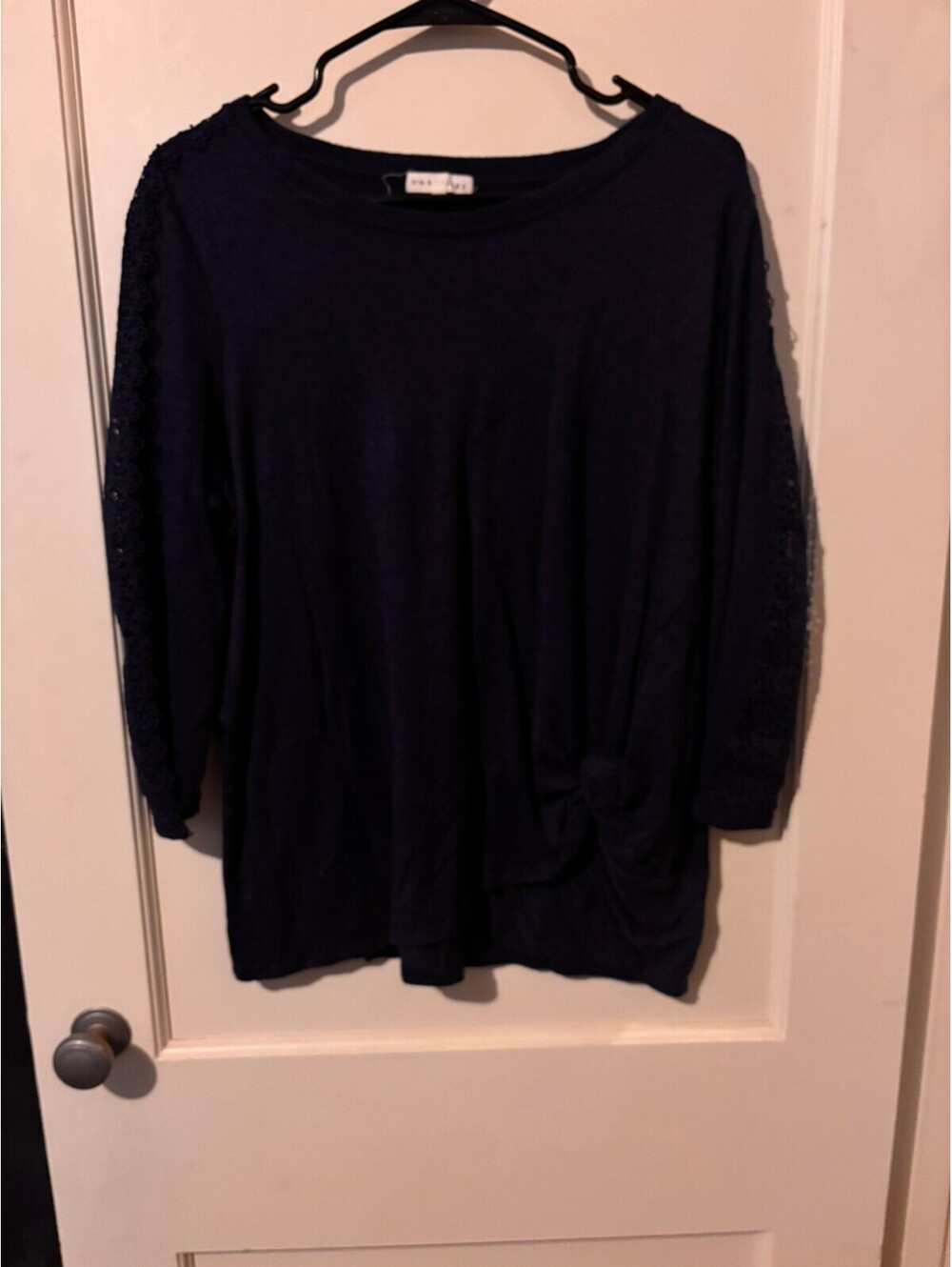 Retrology Navy Blue Lace Sleeve Knit Top with Side Knot Detail XL